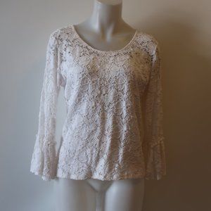 Womens G Wheels White Crochet Lace 3/4 Flutter Sleeve Top L *
